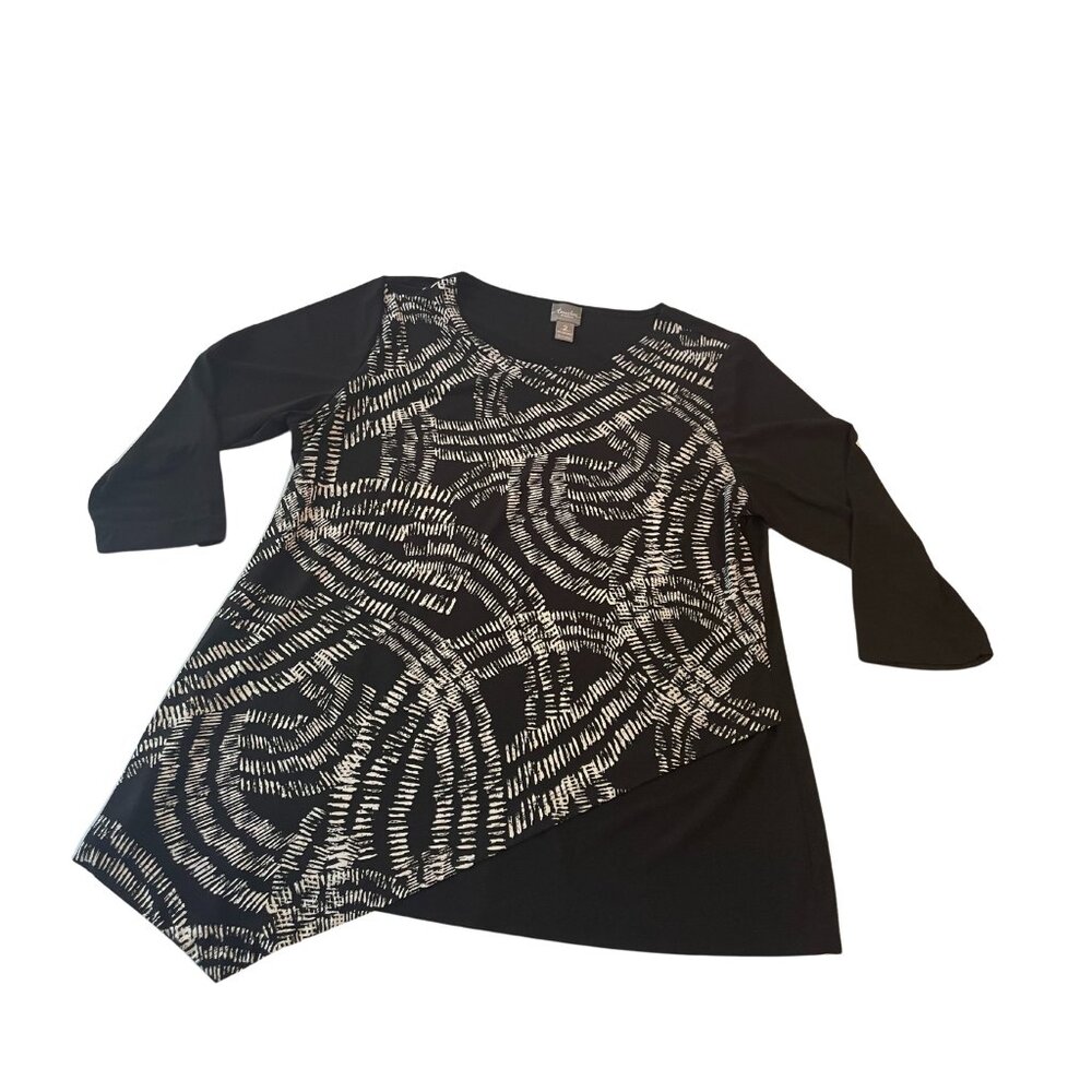 CHICO'S Travelers Womens Black & White Top Size 2 Medium  large (12) 3/4 sleeve